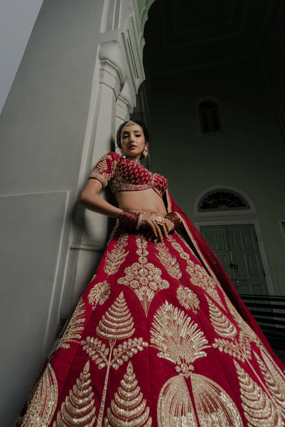 Maroon Silk Lehenga with Ornate Tree Motifs & Chevron Zardosi Embroidery