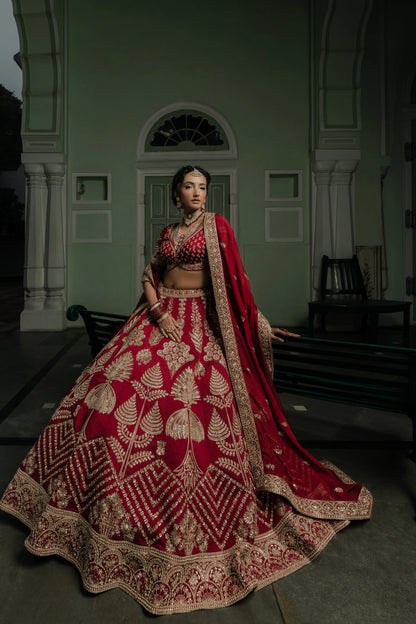 Maroon Silk Lehenga with Ornate Tree Motifs & Chevron Zardosi Embroidery