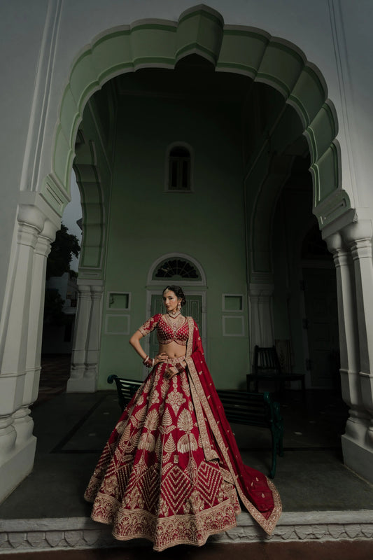 Maroon Silk Lehenga with Ornate Tree Motifs & Chevron Zardosi Embroidery