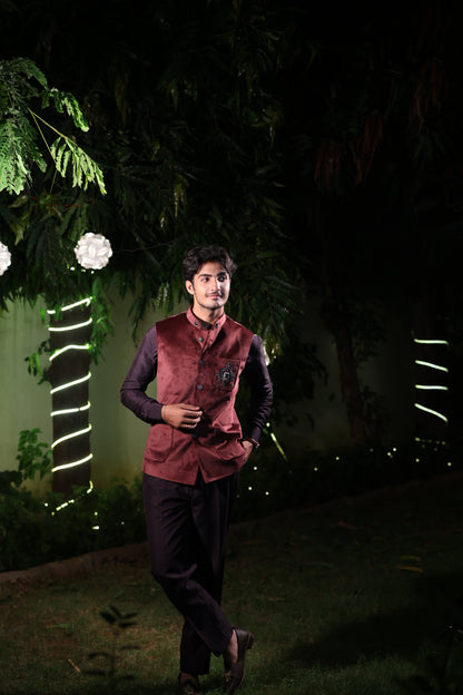 Maroon Velvet Nehru Jacket with Black Kurta Set