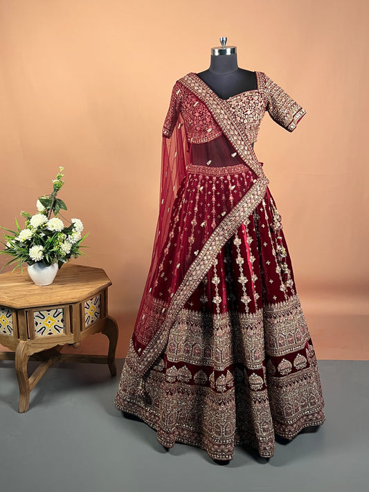 Maroon Velvet Zari & Sequin Heavy Bridal Lehenga Set