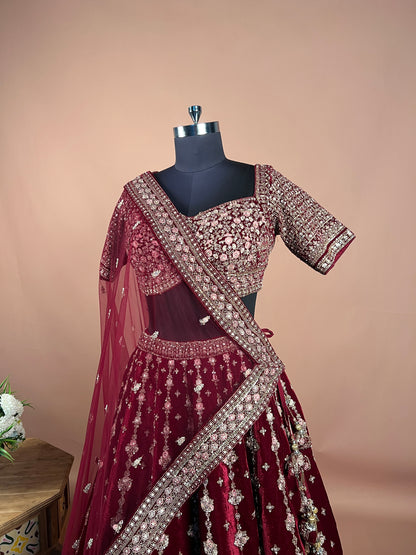 Maroon Velvet Zari & Sequin Heavy Bridal Lehenga Set