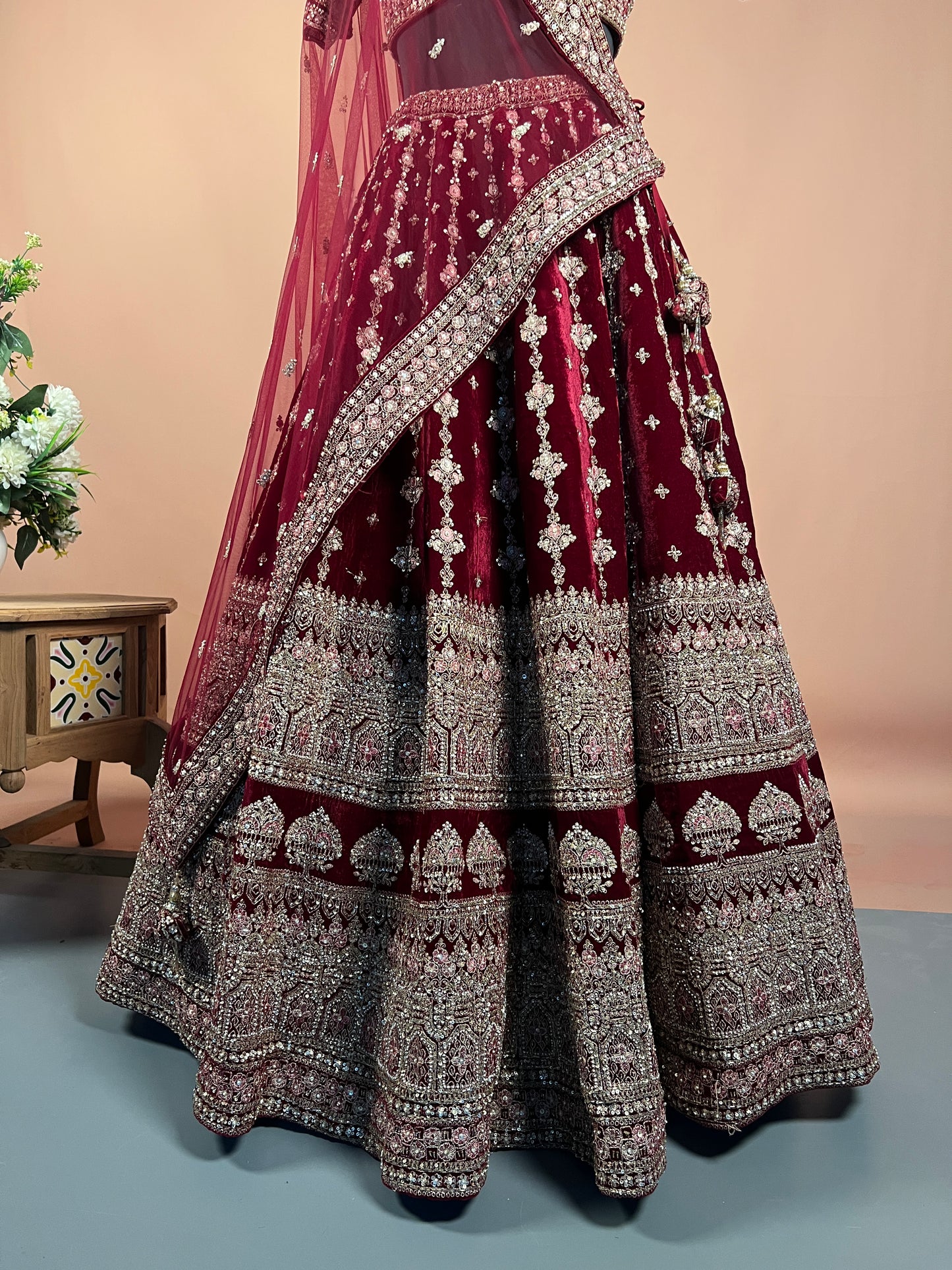 Maroon Velvet Zari & Sequin Heavy Bridal Lehenga Set
