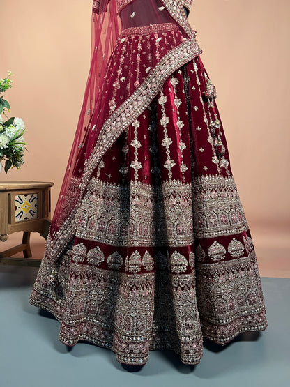 Maroon Velvet Zari & Sequin Heavy Bridal Lehenga Set