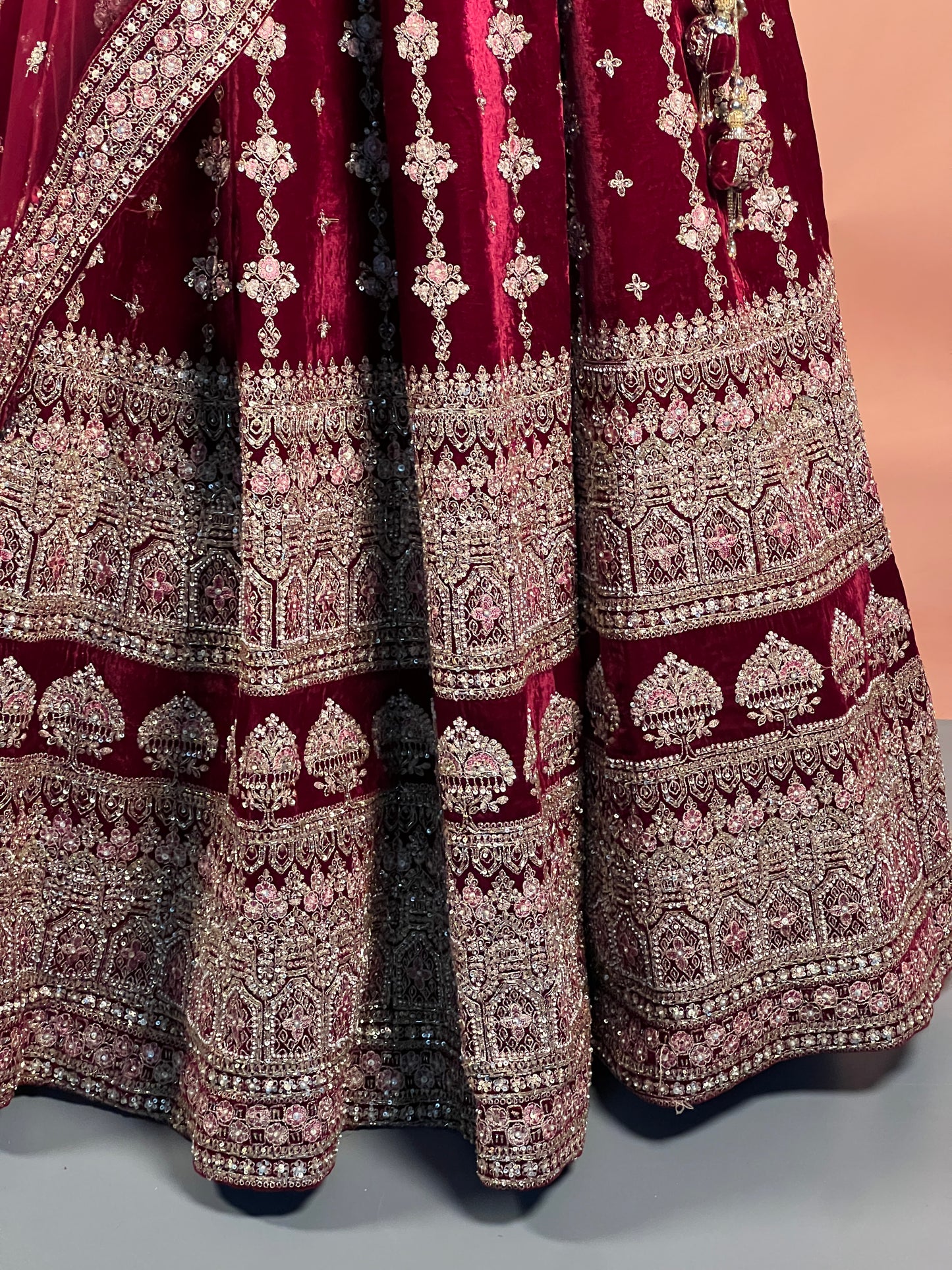 Maroon Velvet Zari & Sequin Heavy Bridal Lehenga Set