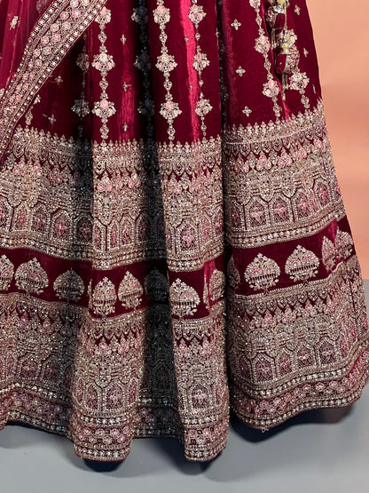 Maroon Velvet Zari & Sequin Heavy Bridal Lehenga Set