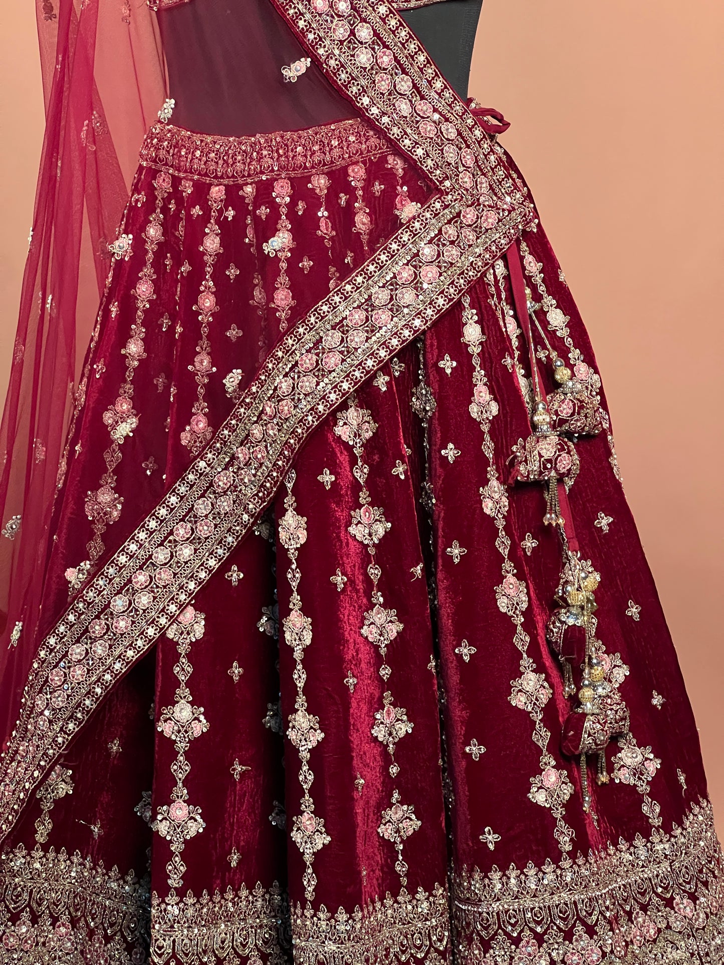Maroon Velvet Zari & Sequin Heavy Bridal Lehenga Set