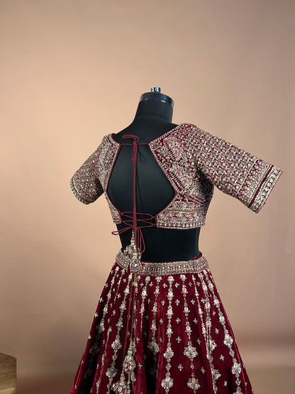 Maroon Velvet Zari & Sequin Heavy Bridal Lehenga Set