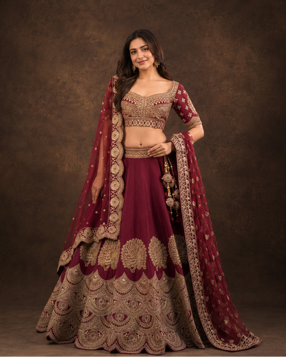 Maroon Wine Lehenga Choli with Heavy Zari Embroidery and Designer Net Dupatta
