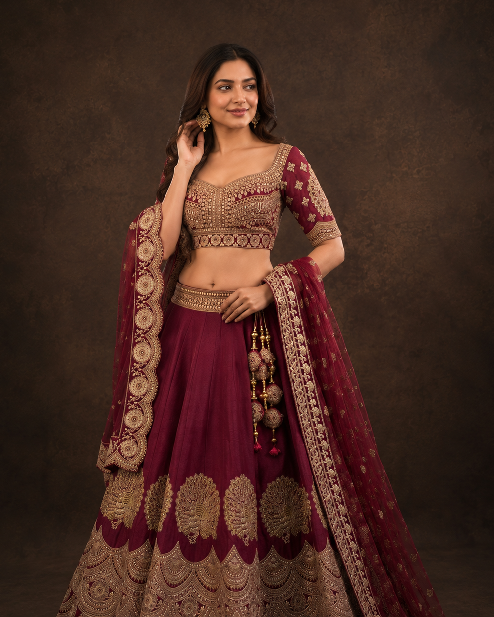 Maroon Wine Lehenga Choli with Heavy Zari Embroidery and Designer Net Dupatta