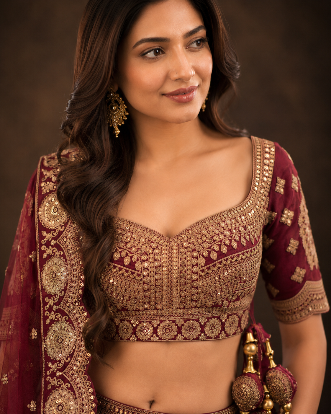 Maroon Wine Lehenga Choli with Heavy Zari Embroidery and Designer Net Dupatta