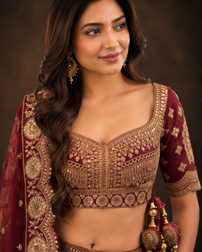 Maroon Wine Lehenga Choli with Heavy Zari Embroidery and Designer Net Dupatta