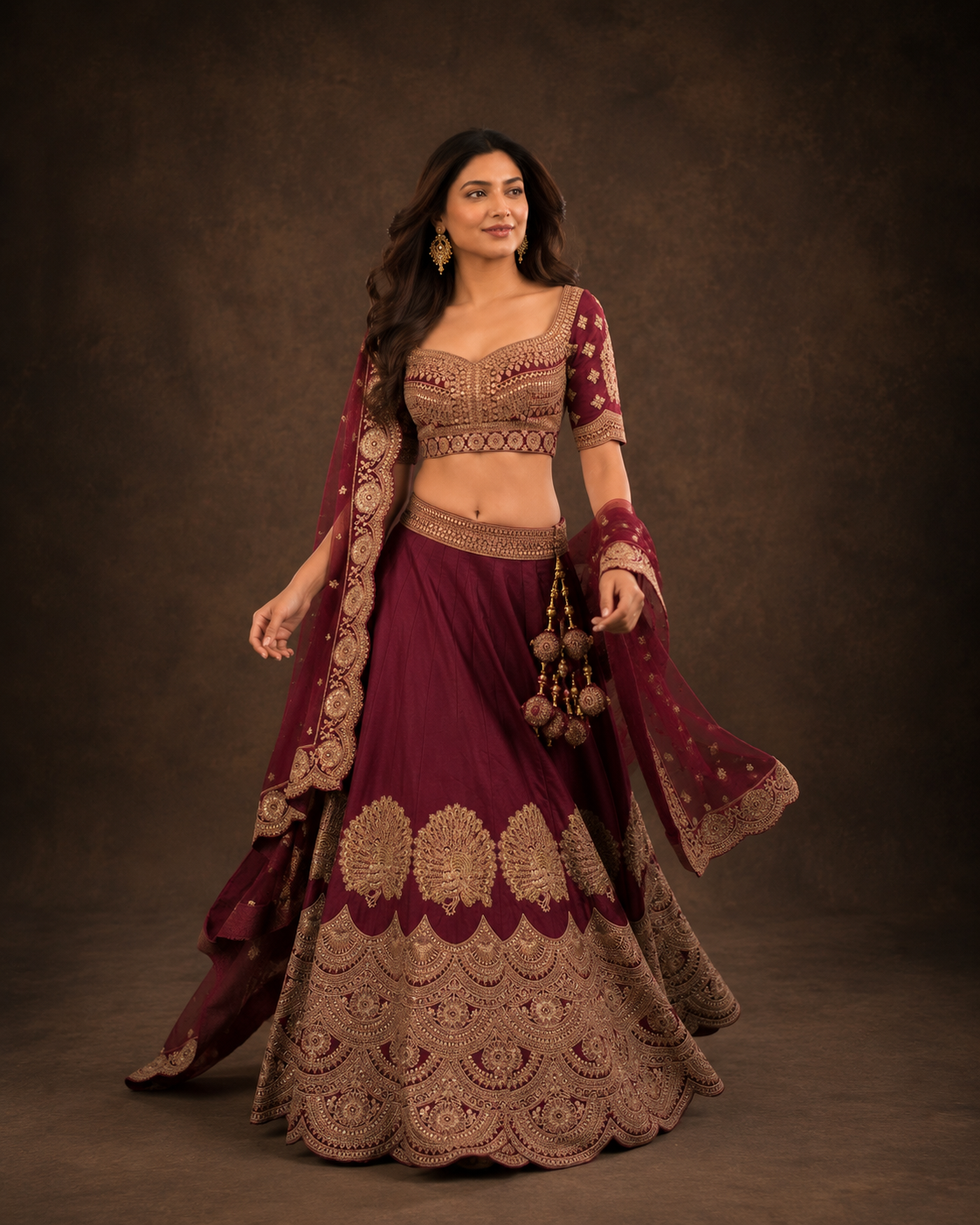Maroon Wine Lehenga Choli with Heavy Zari Embroidery and Designer Net Dupatta