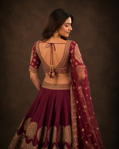 Maroon Wine Lehenga Choli with Heavy Zari Embroidery and Designer Net Dupatta