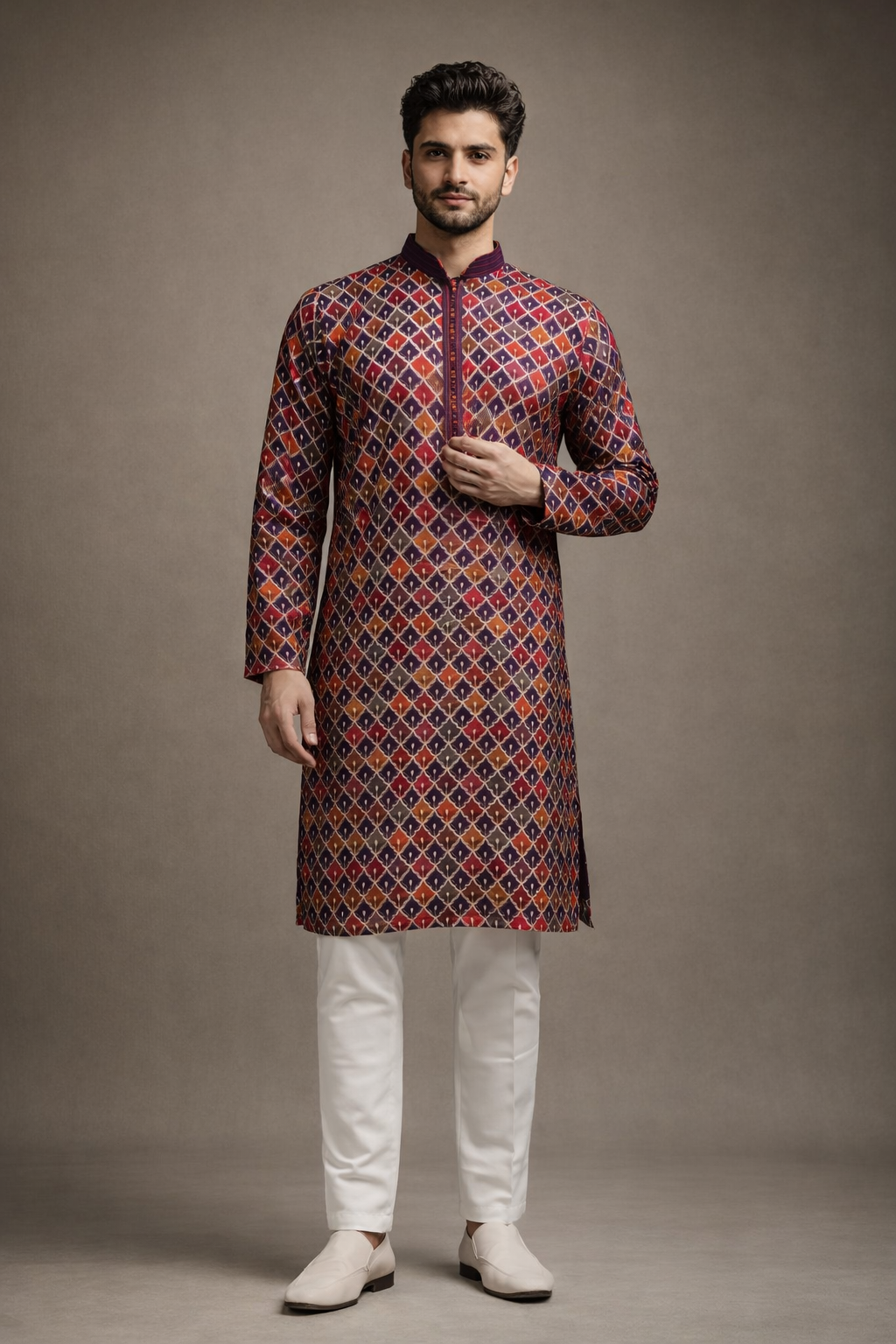 Maroon Wine and Rust Orange Geometric Embroidered Kurta Set
