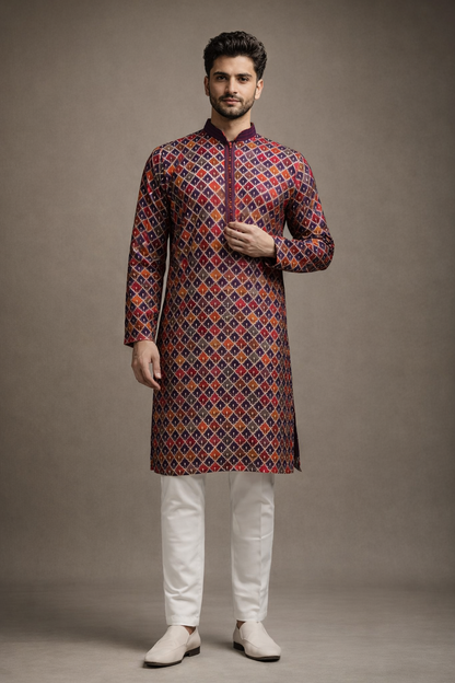 Maroon Wine and Rust Orange Geometric Embroidered Kurta Set