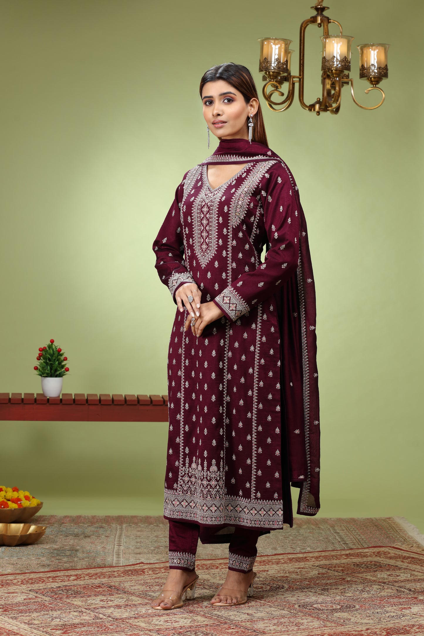 Maroon Embroidered Straight Kurta Set