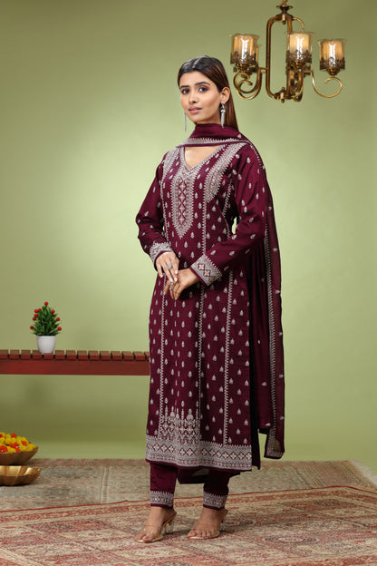 Maroon Embroidered Straight Kurta Set