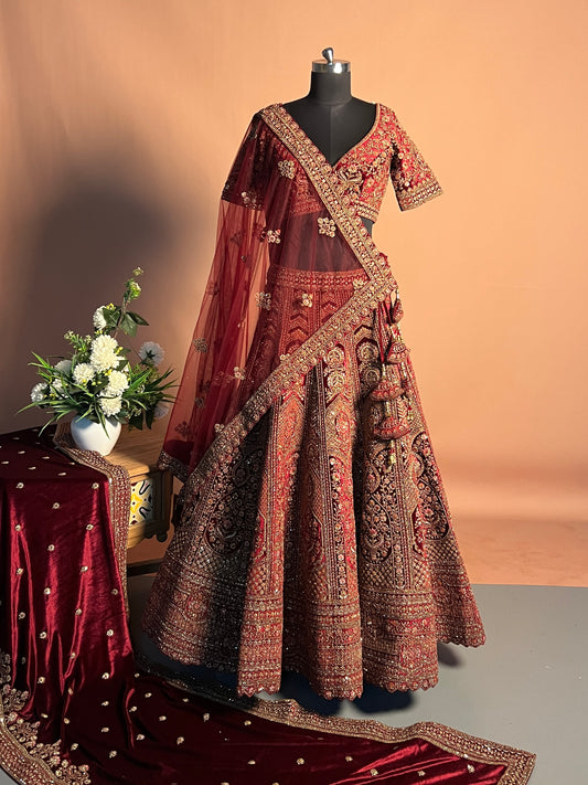 Maroon Heavily Embroidered Velvet Bridal Lehenga with Kashmiri Motifs
