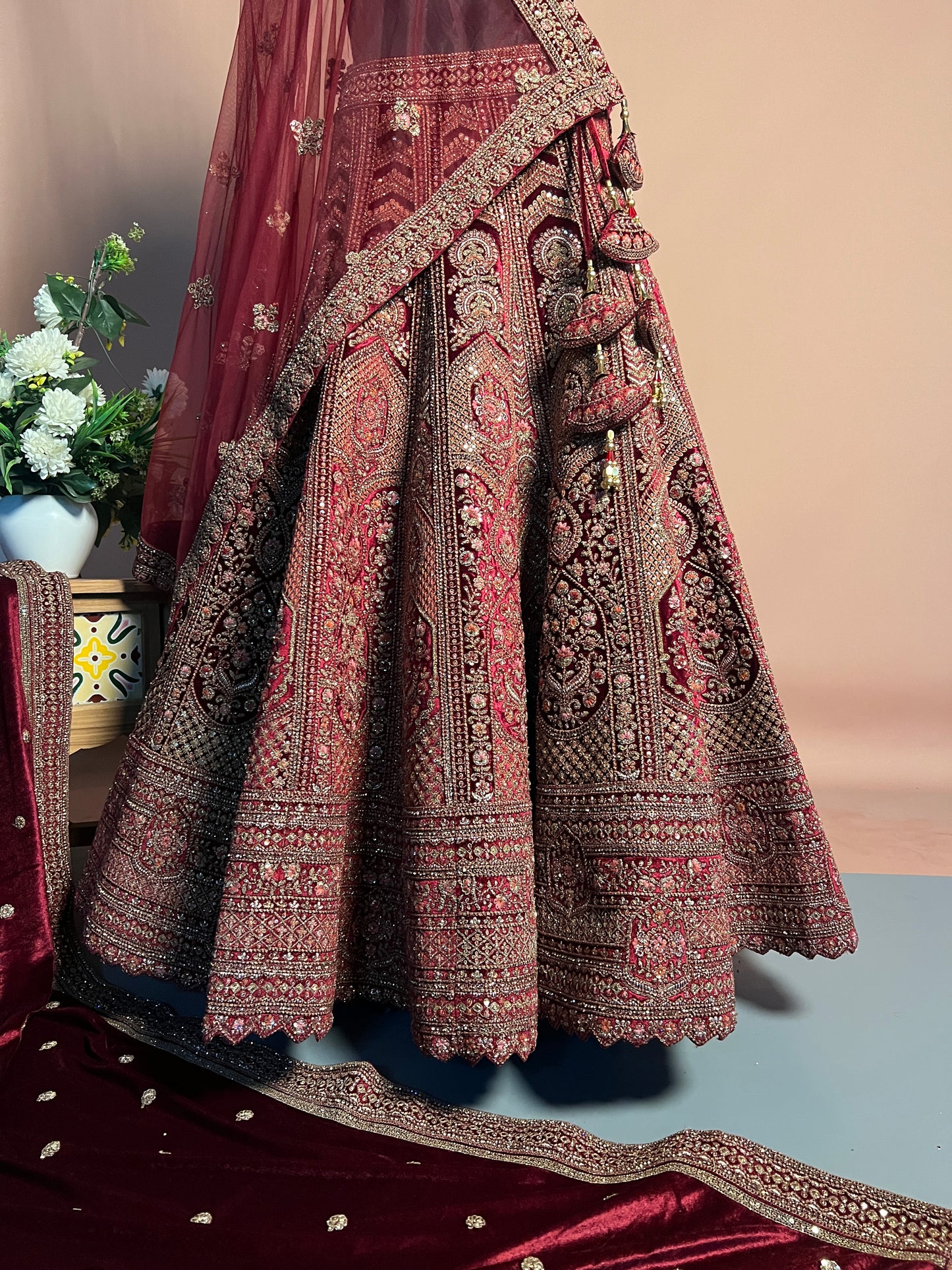 Maroon Heavily Embroidered Velvet Bridal Lehenga with Kashmiri Motifs