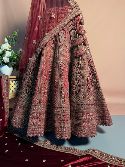 Maroon Heavily Embroidered Velvet Bridal Lehenga with Kashmiri Motifs
