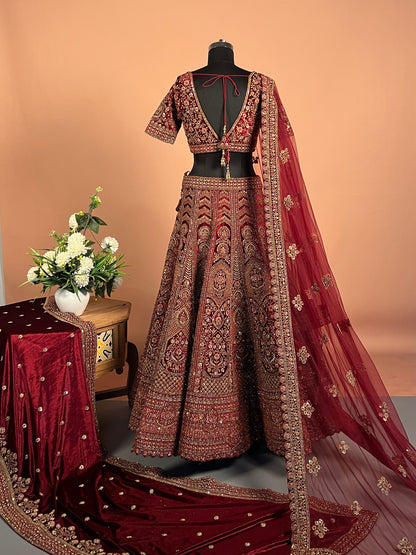Maroon Heavily Embroidered Velvet Bridal Lehenga with Kashmiri Motifs