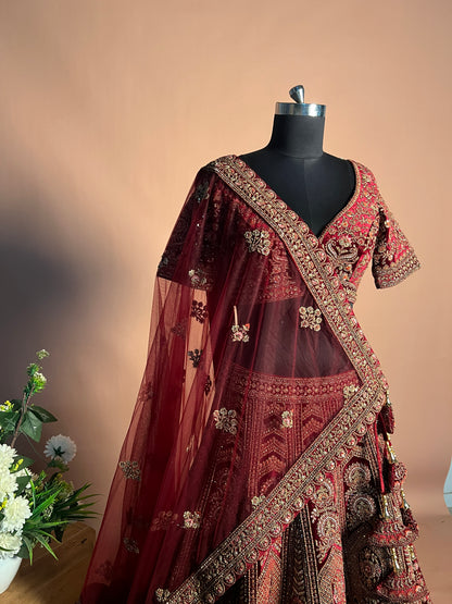 Maroon Heavily Embroidered Velvet Bridal Lehenga with Kashmiri Motifs