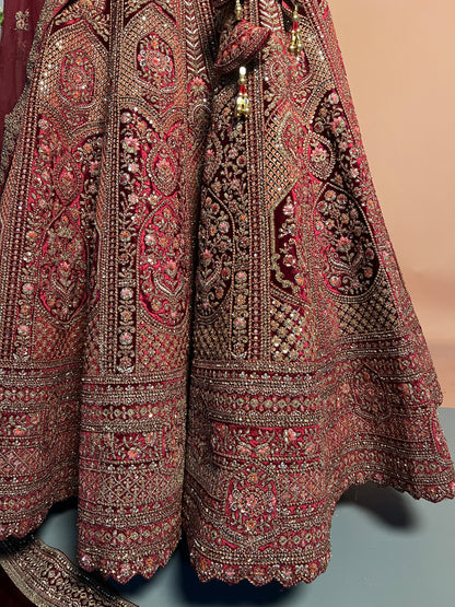 Maroon Heavily Embroidered Velvet Bridal Lehenga with Kashmiri Motifs