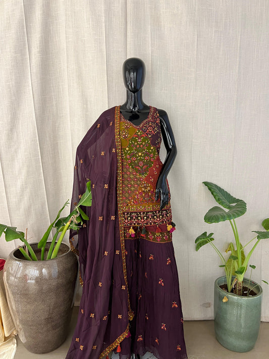 Maroon & Mehendi Green Hand-Embroidered Sharara Set