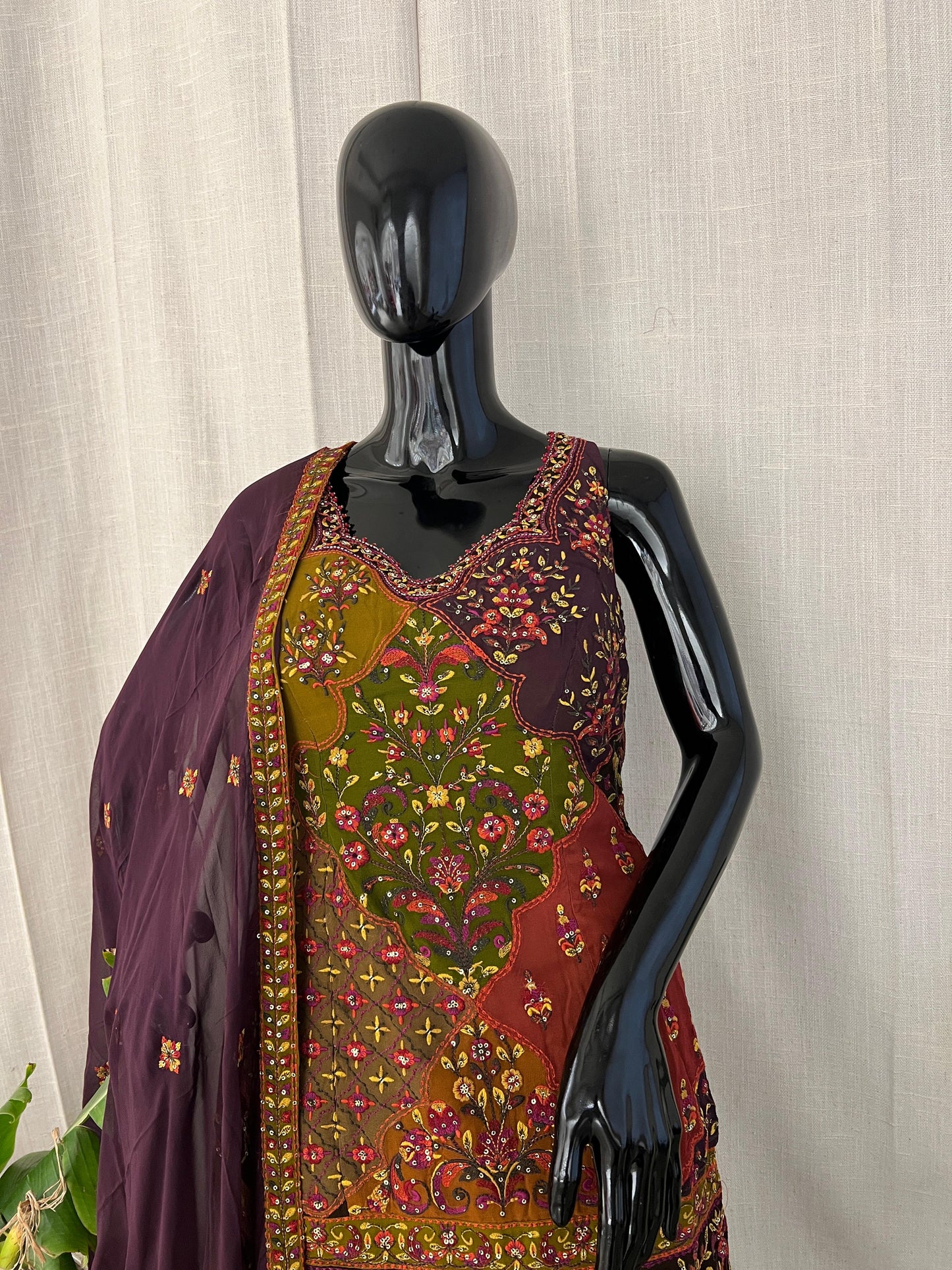 Maroon & Mehendi Green Hand-Embroidered Sharara Set