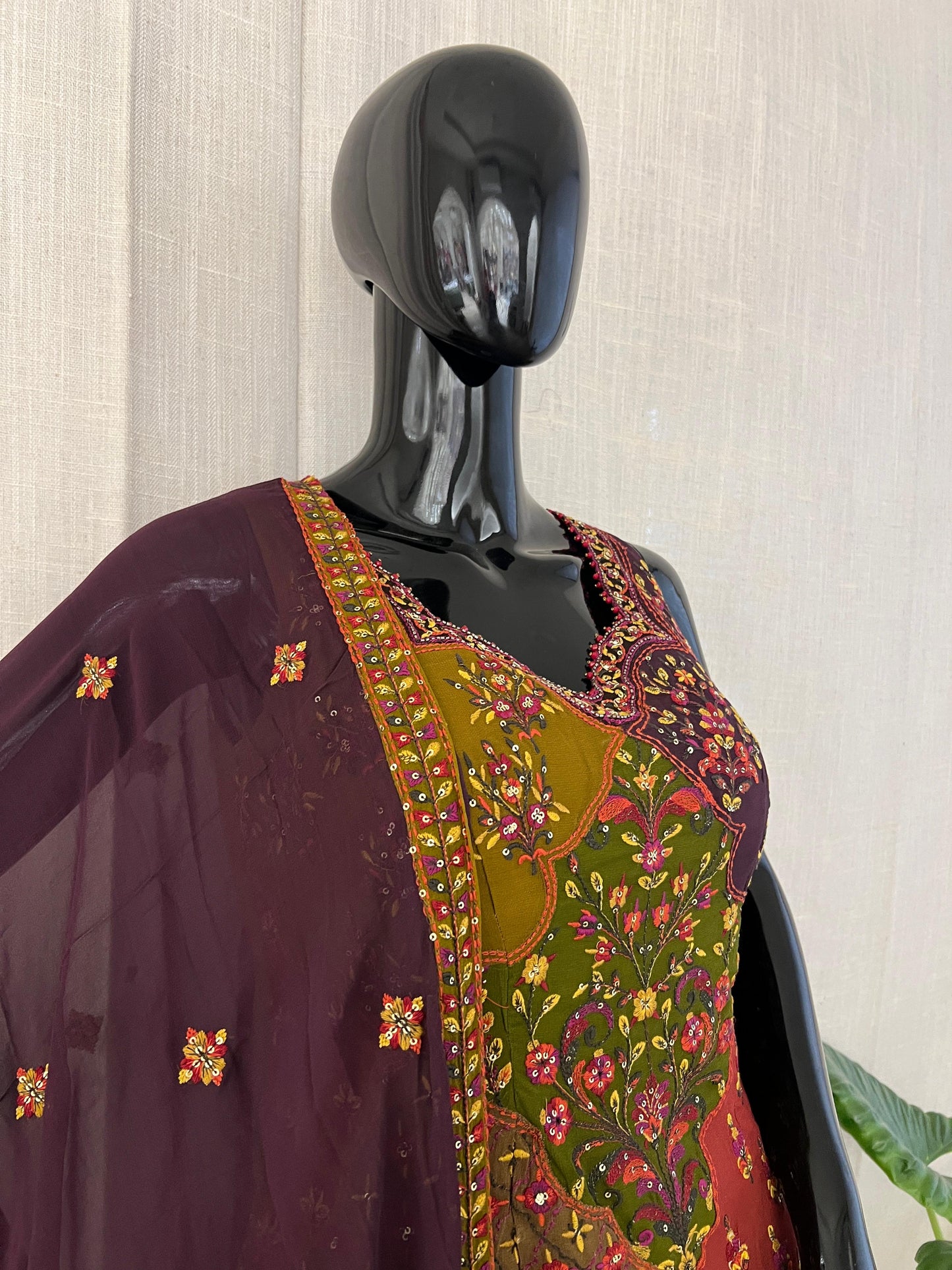 Maroon & Mehendi Green Hand-Embroidered Sharara Set