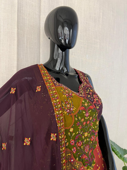 Maroon & Mehendi Green Hand-Embroidered Sharara Set