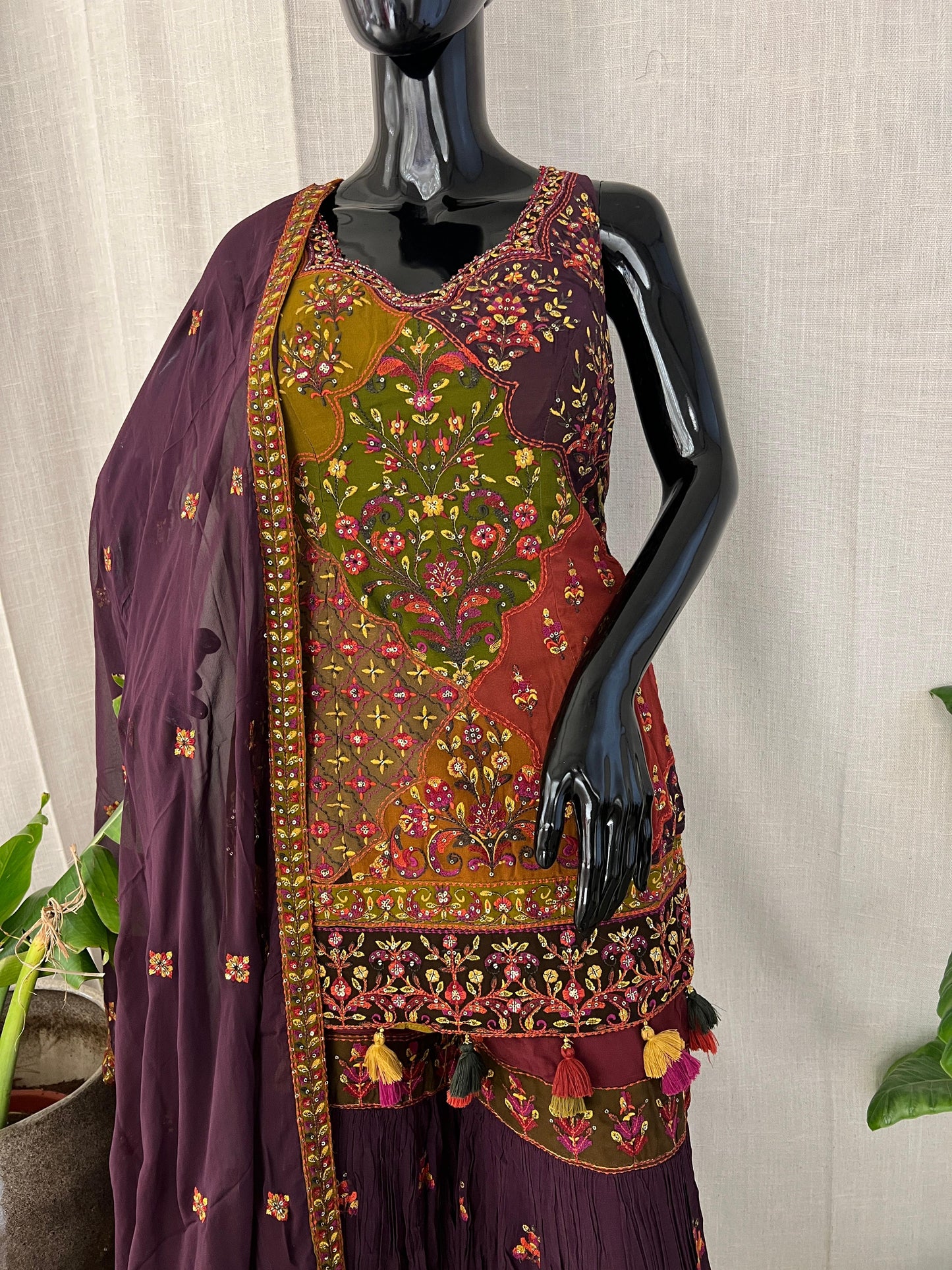Maroon & Mehendi Green Hand-Embroidered Sharara Set