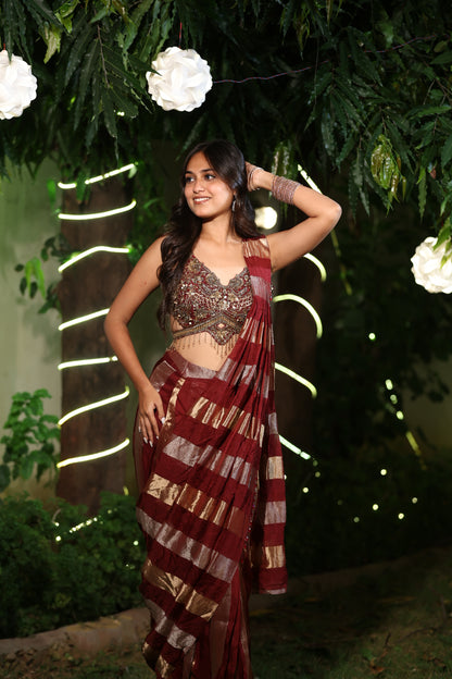 Maroon and Gold Striped Saree with Heavy Embroidered Blouse