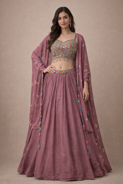 Mauve Hand-Embellished Lehenga with Multicolor Mirror Work