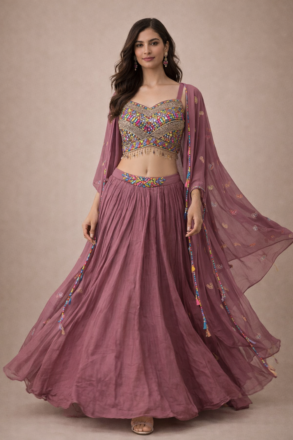 Mauve Hand-Embellished Lehenga with Multicolor Mirror Work