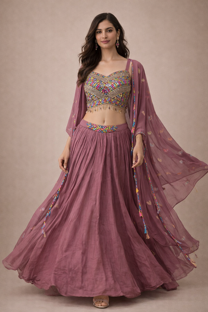 Mauve Hand-Embellished Lehenga with Multicolor Mirror Work
