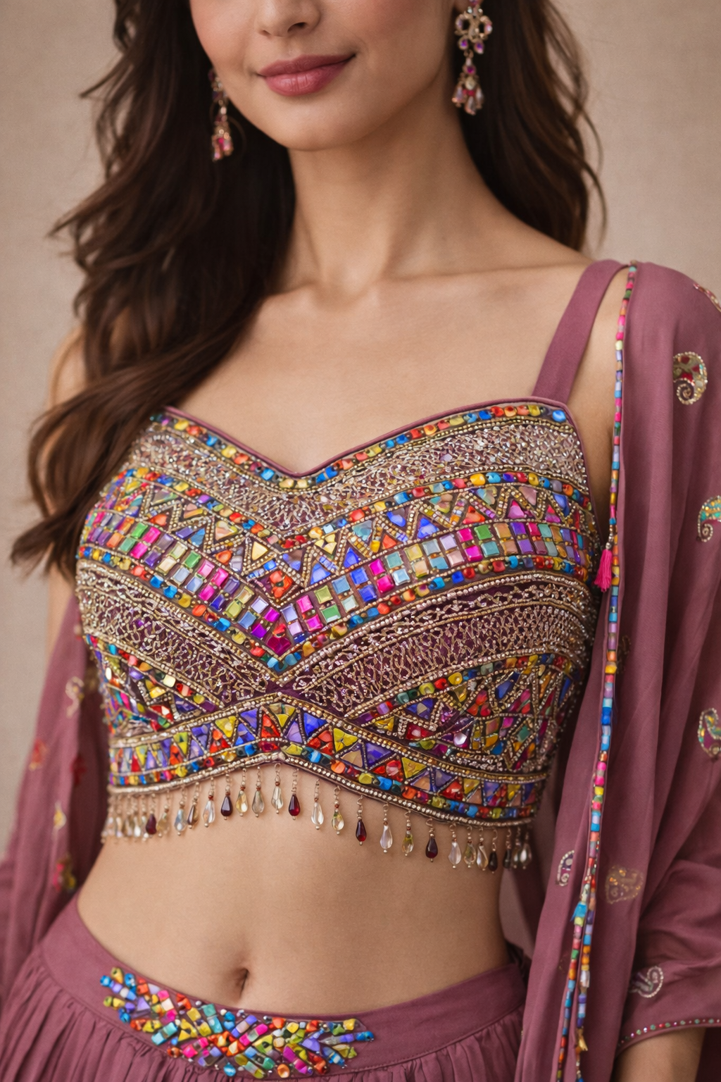 Mauve Hand-Embellished Lehenga with Multicolor Mirror Work