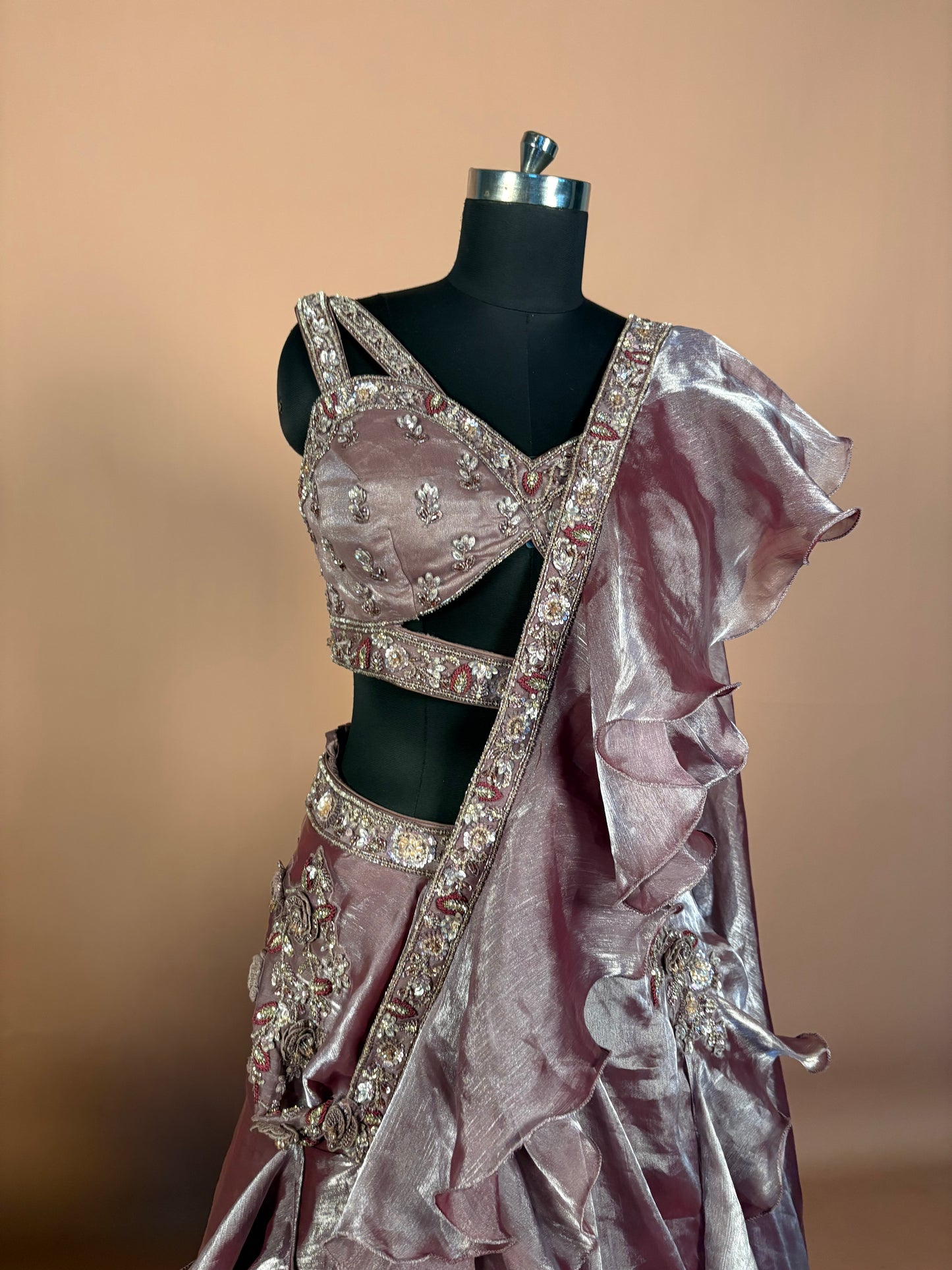 Mauve Metallic Ruffle Lehenga Set with Cutout Blouse