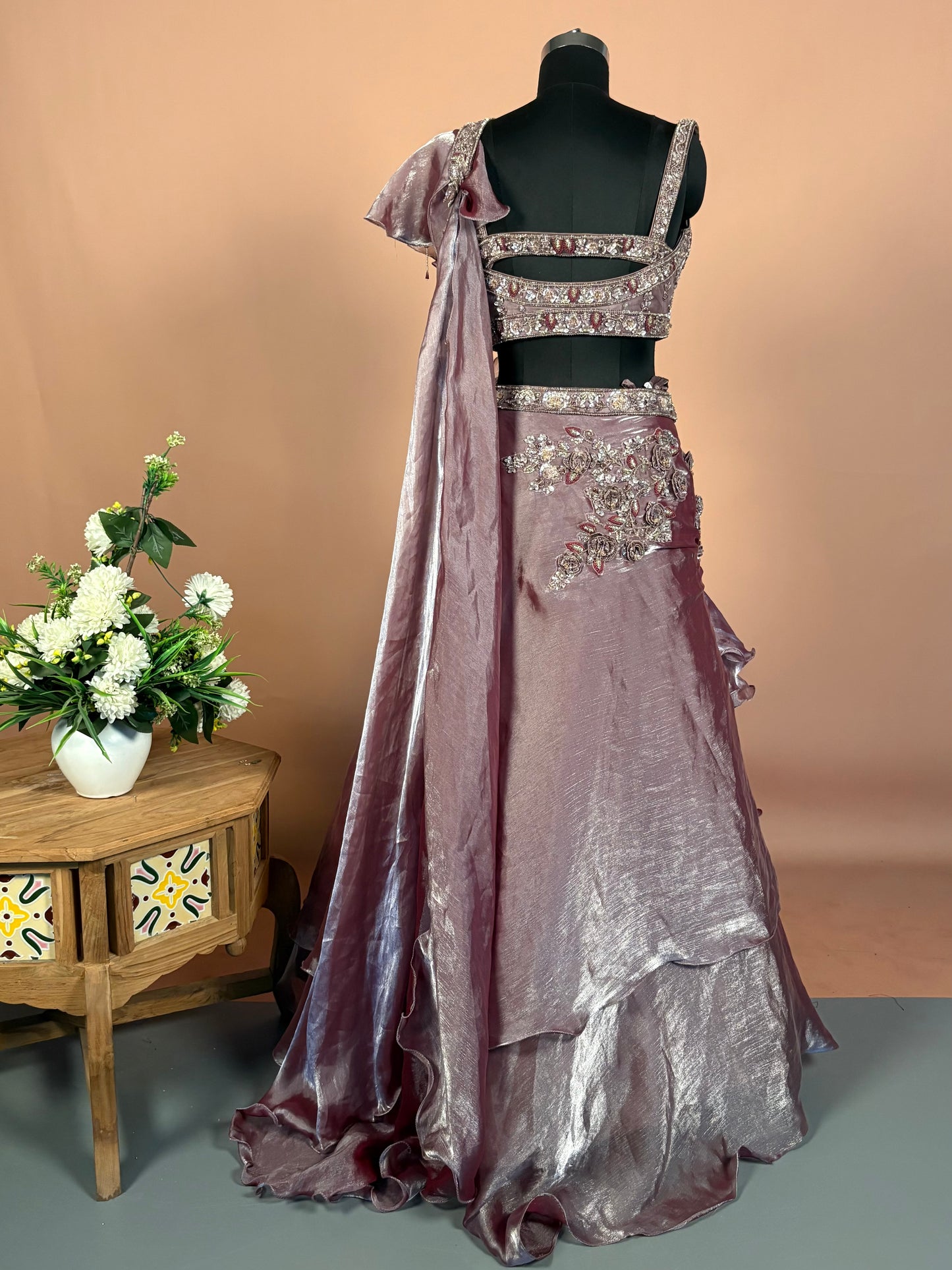 Mauve Metallic Ruffle Lehenga Set with Cutout Blouse