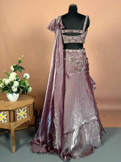 Mauve Metallic Ruffle Lehenga Set with Cutout Blouse