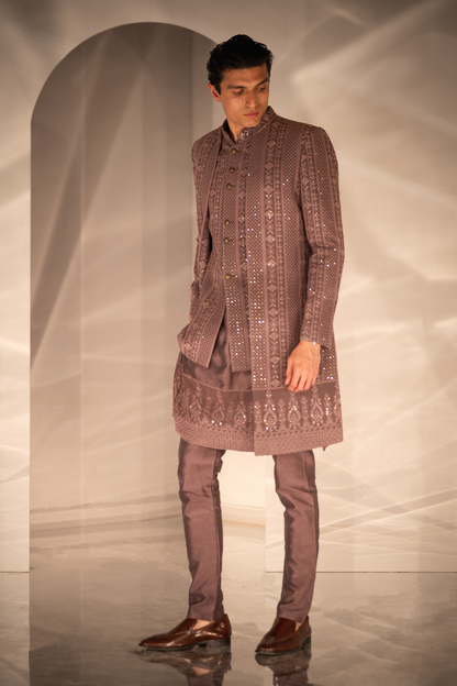 Mauve Threadwork Triple-Layered Indo-Western Ensemble