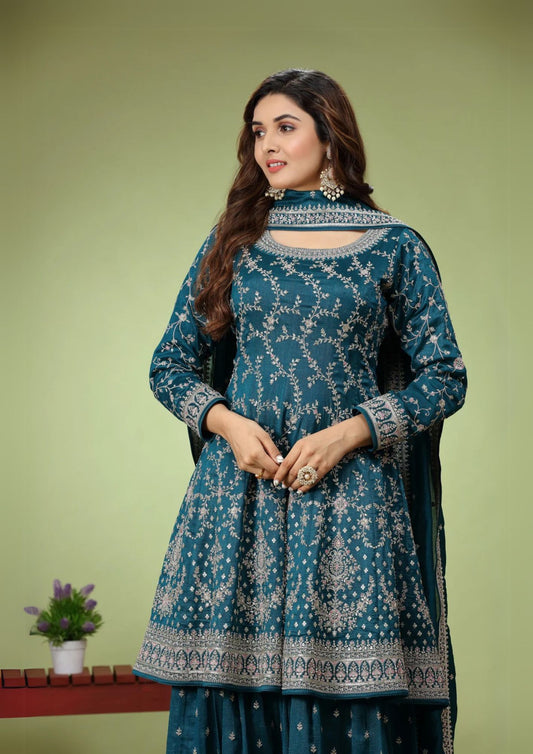 Mehndi Green Embroidered Patiala Kurti and Sharara set