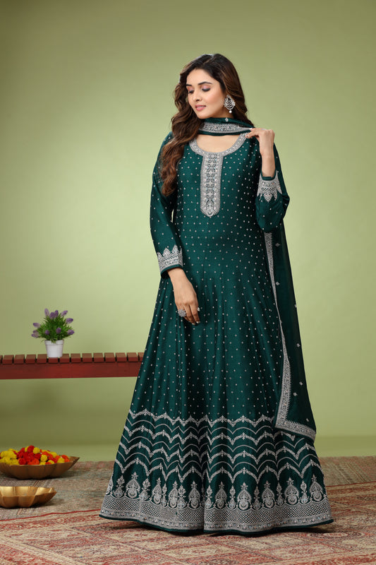 Mehndi Green Zariwork Art Silk Anarkali Suit