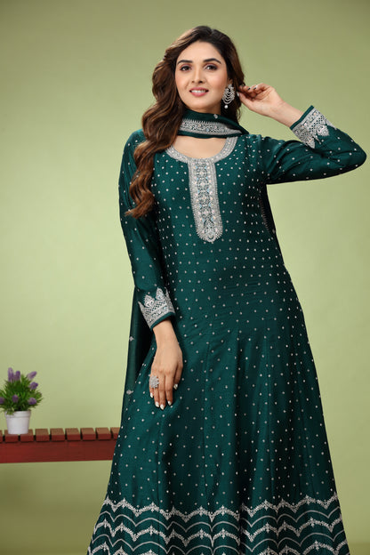 Mehndi Green Zariwork Art Silk Anarkali Suit
