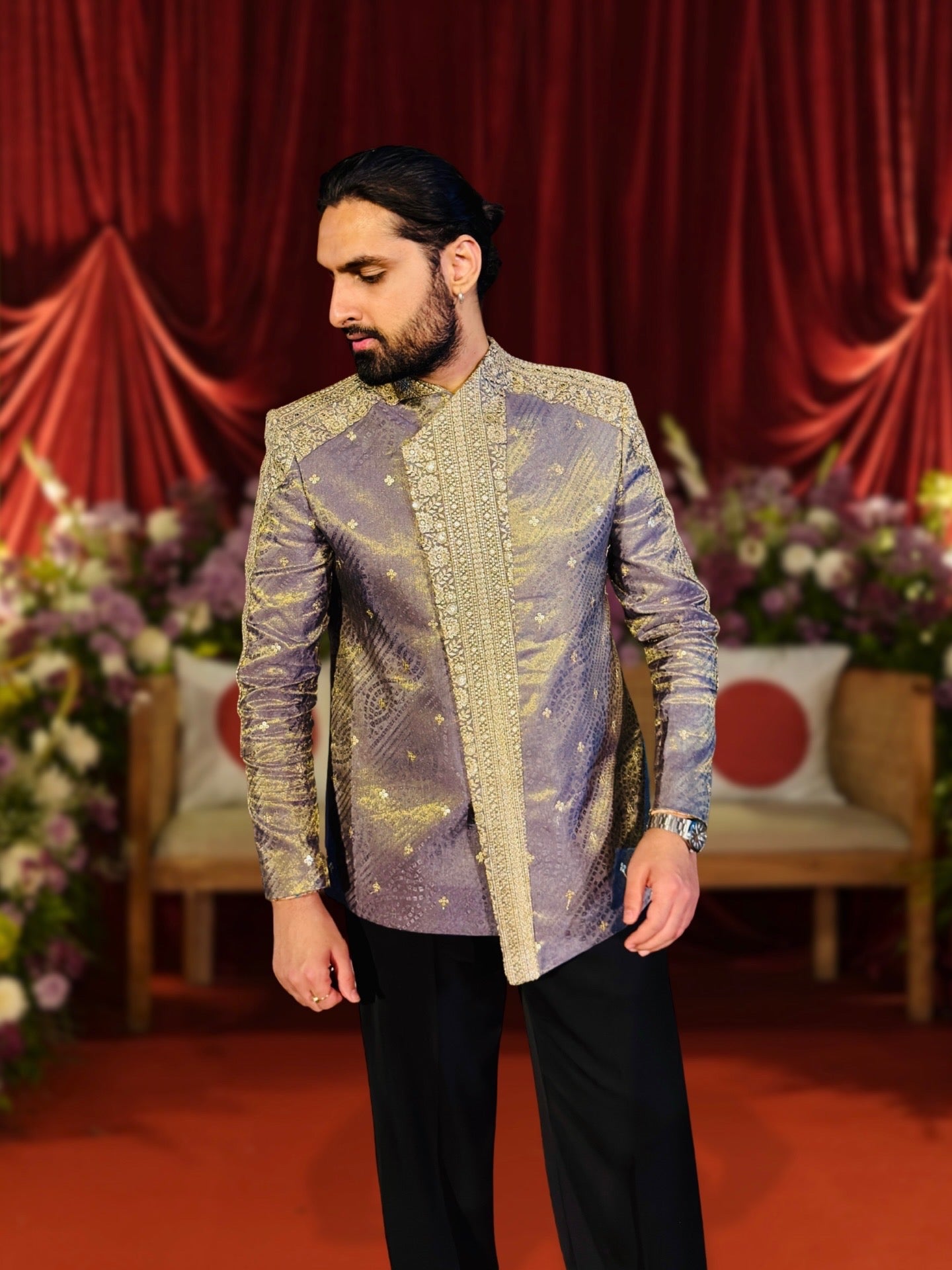 Metallic Mauve Tissue Indo-Western Bandhgala with Gold Embroidered Panel
