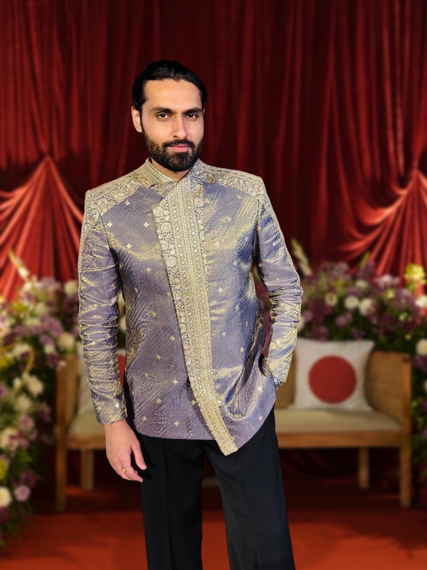 Metallic Mauve Tissue Indo-Western Bandhgala with Gold Embroidered Panel