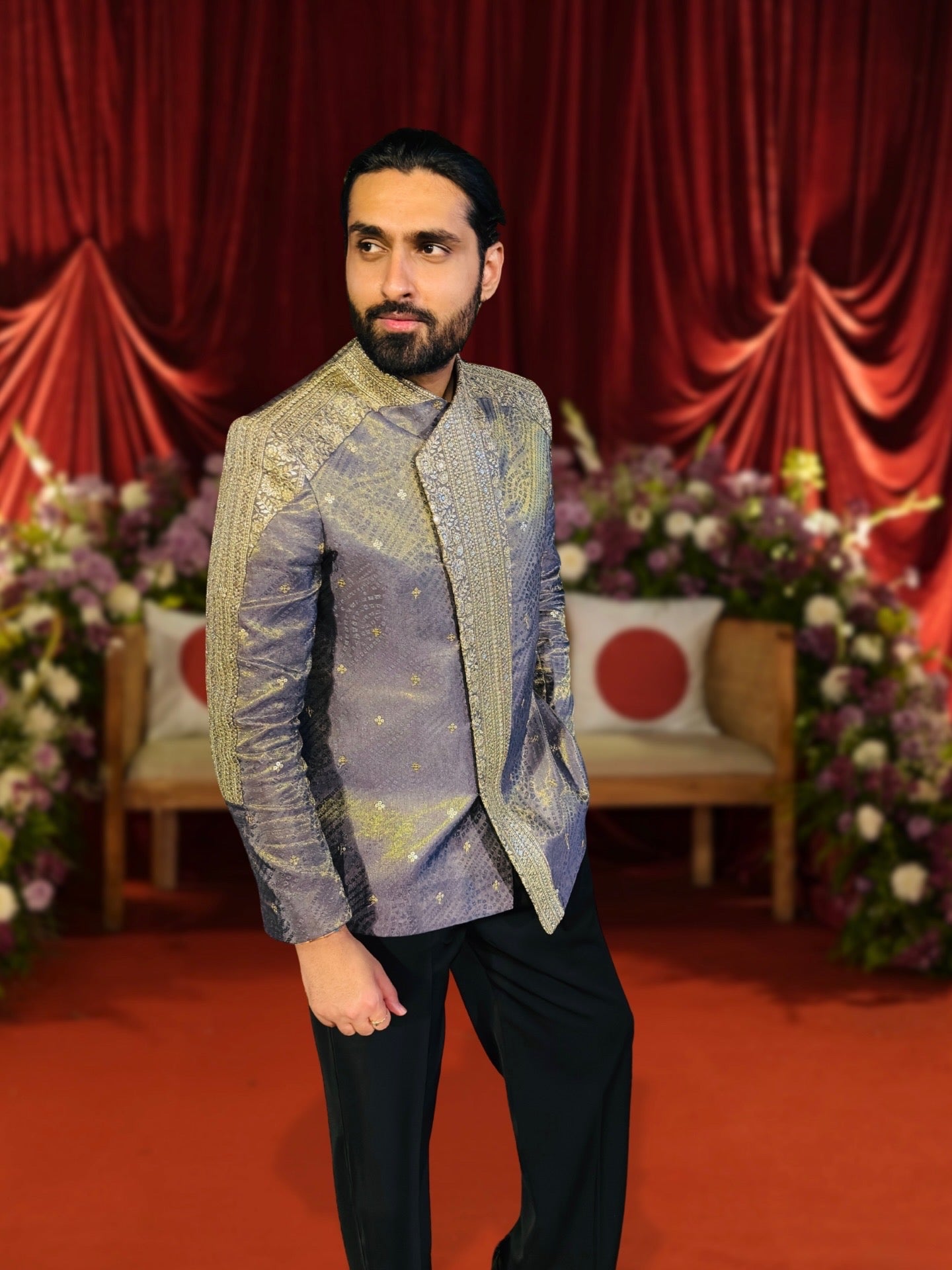 Metallic Mauve Tissue Indo-Western Bandhgala with Gold Embroidered Panel