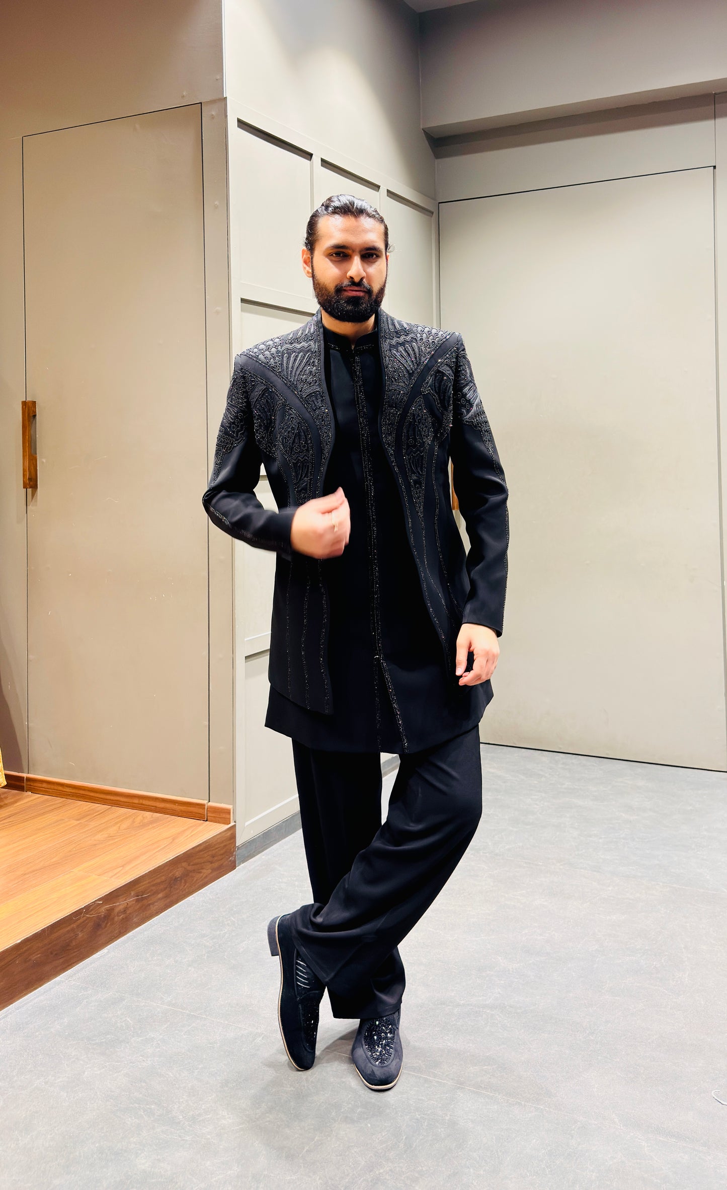 Midnight Black Embroidered Indo-Western Set with Intricate Tonal Detailing