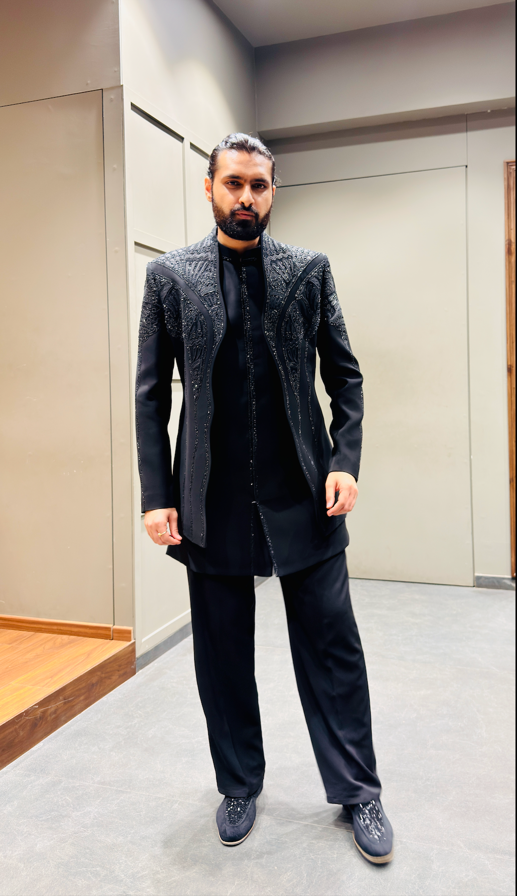 Midnight Black Embroidered Indo-Western Set with Intricate Tonal Detailing